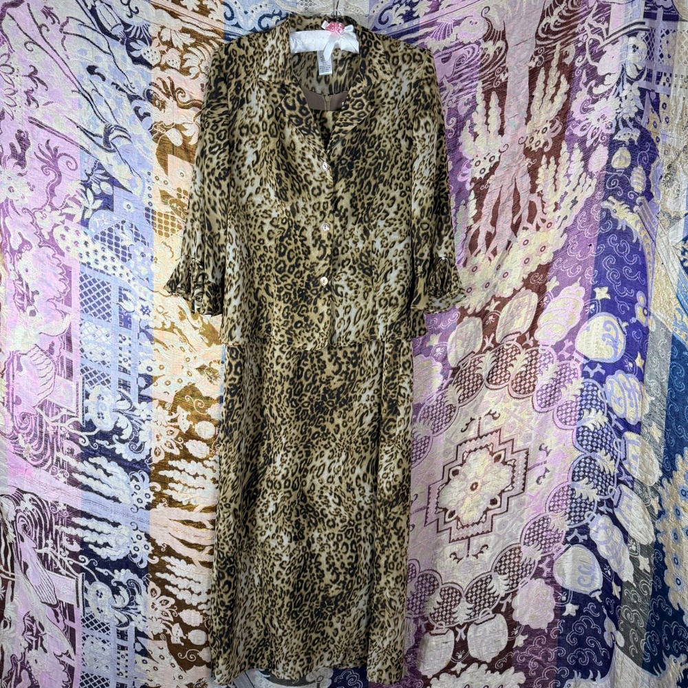 90s Structured Whimsigoth Leopard Print Maxi Dress Bell Sleeve Blouse Set Size M